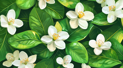 A vibrant illustration showcases a lush array of pristine white blossoms led amongst vibrant green leaves creating a captivating floral pattern perfect for various design