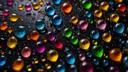 Naklejka premium Colorful water droplets on black surface, macro shot, abstract background, ideal for design