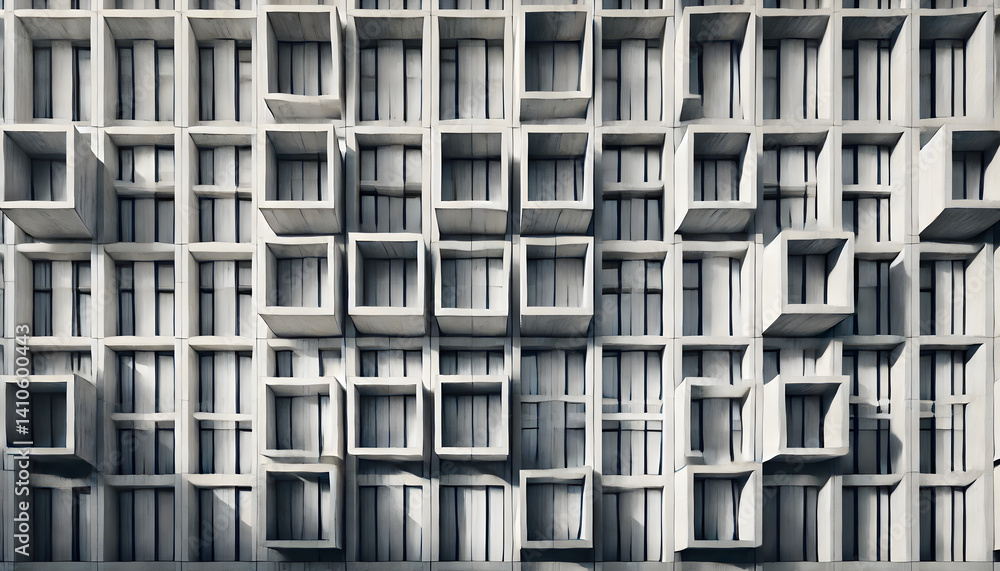 Poster symmetrical facade of a modern building with a grid of square recesses and cubic balconies in raw co
