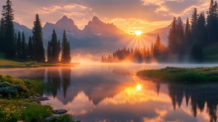 Fototapeta premium Majestic sunrise over serene mountain lake landscape