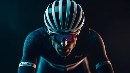 Professional cyclist wearing helmet and glasses posing for portrait