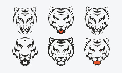 Vector tiger head, face collection for retro logos, emblems, badges, labels template and t-shirt vintage design element. Isolated on white background.