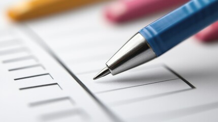 Close-up of blue ballpoint pen on checklist paper
