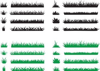 Set of Green and Black Grass Silhouettes for Landscape and Nature Design