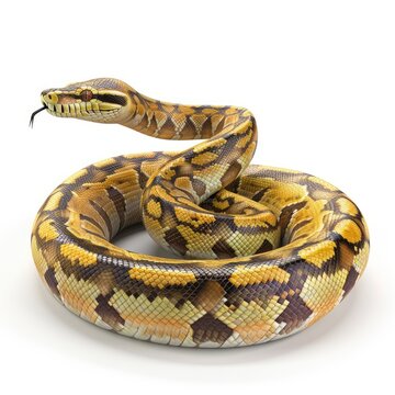 A golden python coils gracefully against a white background.