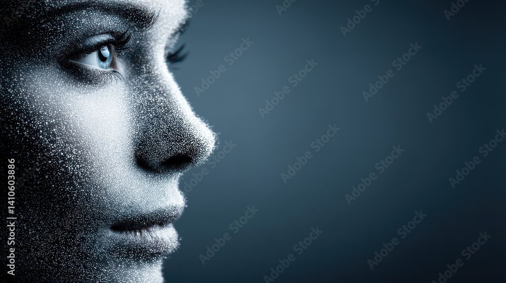 Poster sound waves create a human face formed from data representing voice recognition technology
