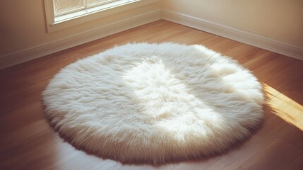 Fluffy white circular rug on light wooden floor