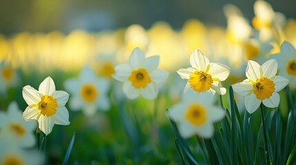 Fototapeta premium A field of vibrant, white daffodils bathed in sunlight.