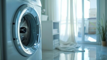 A modern, clean laundry room features a gleaming washing machine, partially visible, with sunlight streaming through nearby windows