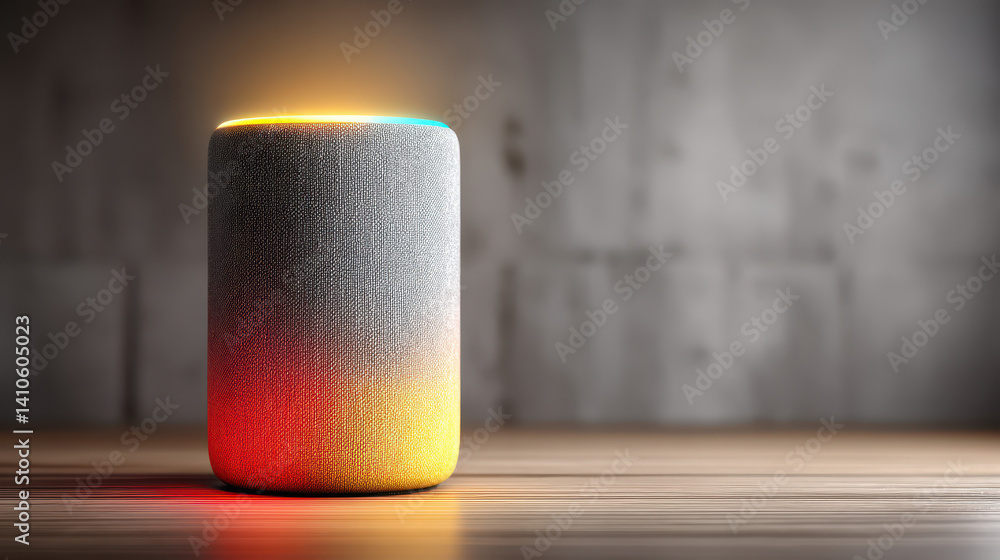 Poster smart speaker responds to voice command with glowing lights in minimalist setting