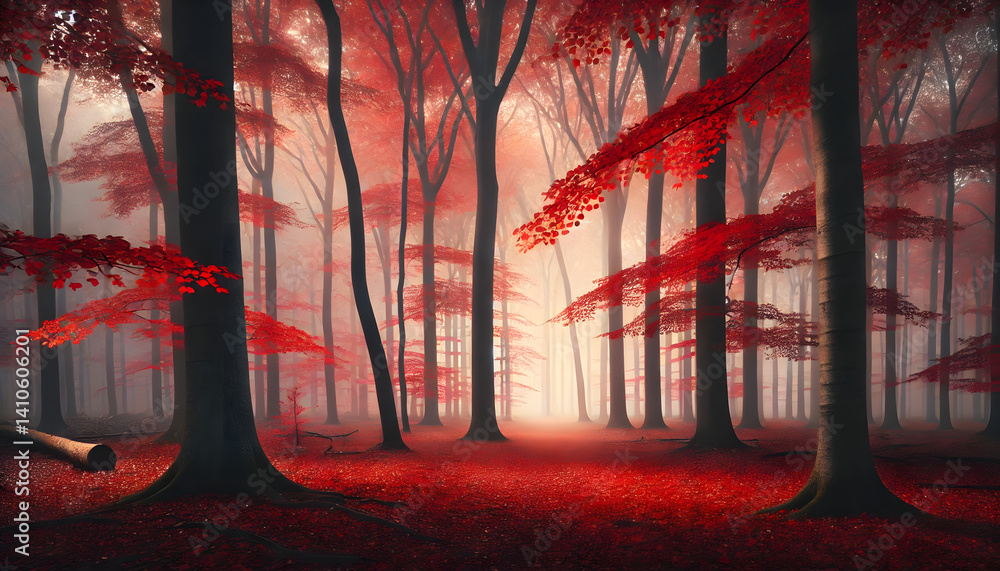 Poster a foggy forest glows with intense red autumn foliage, creating a mystical, dreamlike atmosphere in s