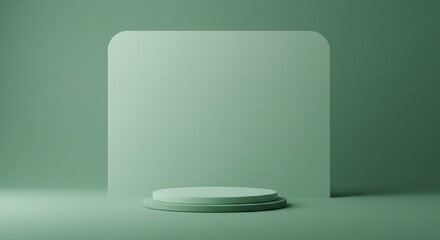 静かな緑、円形台座が優しく光る ミニマルな空間