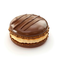 Obraz premium Round chocolate-covered macaron with a light-colored filling.