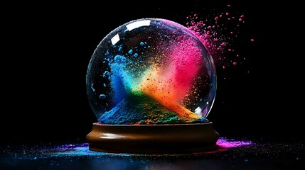 A cracked snow globe releasing vibrant color powder captured in motion on a black background with focused lighting