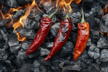Top view image of 3 chili peppers with slightly charred skin roasting over embers