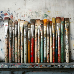 Obraz premium Row Of Used Colorful Paintbrushes Artistic Still Life Creative Photo