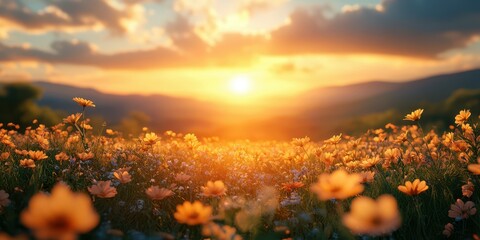 Beautiful golden sunset over a blooming wildflower field in springtime with vibrant colors and mountains in the background