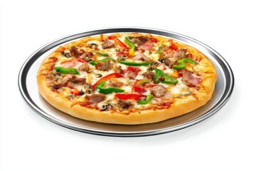 Delicious pizza on a metal tray isolated on white background