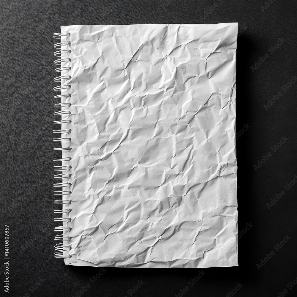 Poster wrinkled white notebook paper with spiral binding on a black background showcasing texture and depth