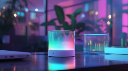 Ambient Music Speaker on Table: Illuminated multi-color light speaker sitting on a table in room.
