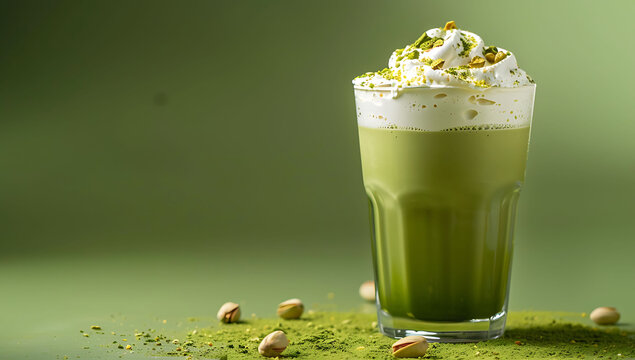 A glass of matcha latte with green and white foam, surrounded by scattered pistachios on a light green background. Food photography, studio shot, front view, centered composition,