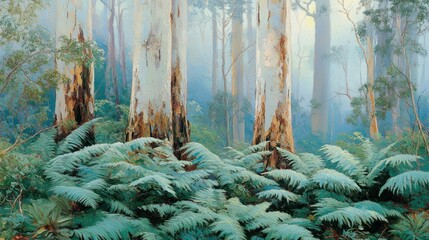 Misty forest scene with ferns and gum trees. Lush undergrowth, soft light filters through the canopy