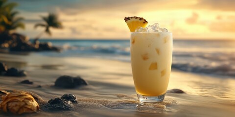 Refreshing tropical cocktail on a sandy beach during sunset with gentle waves in the background