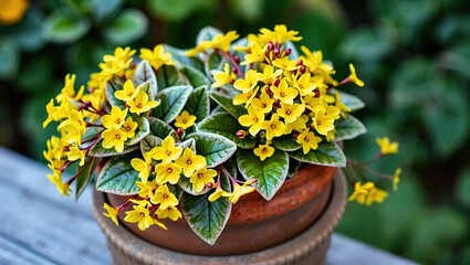 Golden Bergenia and Elm Blossoms in a Fairy Garden Pot - Springtime Beauty