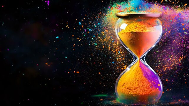 An hourglass filled with colored dust exploding in vibrant Holi powder across a black background with sharp detail and bright illumination