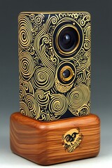 Ornate Gold Camera on Wooden Base