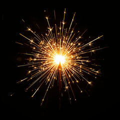 Obraz premium A sparkler, centrally positioned, is bursting with bright, golden-yellow sparks against a completely black background. The sparks radiate outward in various directions, creating a starburst effect. 