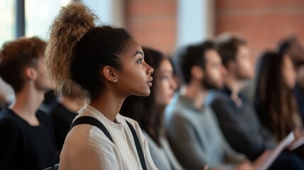 A young woman attentively listens during a seminar.