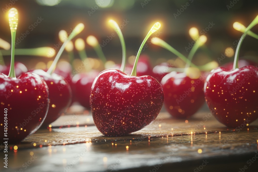 Poster sparkling cherries on a wooden table create a magical atmosphere in soft light