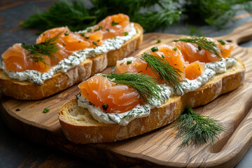 Crusty baguette with smoked salmon, cream cheese and fresh dill, served on a wooden board