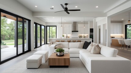 Modern open living room design with large windows, light colors, and stylish furniture in a contemporary home
