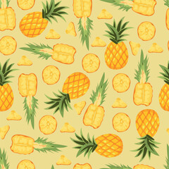 Pineapple seamless pattern. Flat vector, clipart, illustration with isolated background.