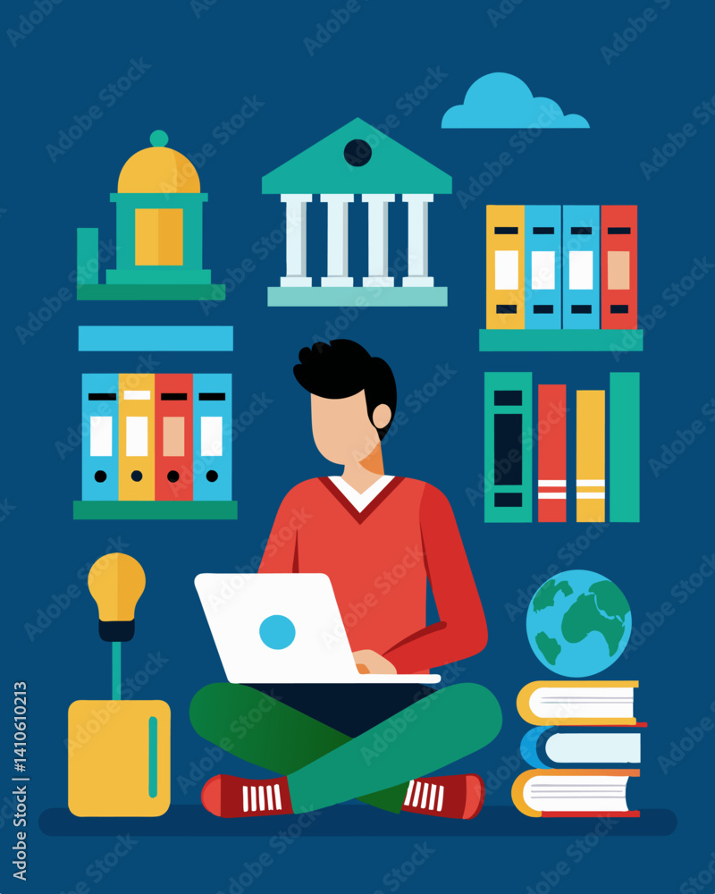 Poster a student sitting in a library deep in concentration as they research and design the features for th