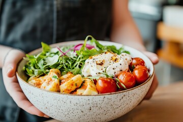 Chef holding a vibrant bowl of burrata, gnocchi, and fresh vegetables