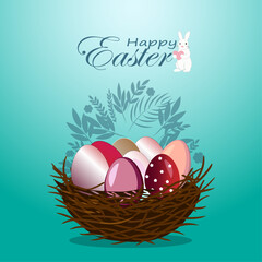 Easter Nest with Colorful Eggs and Floral Background