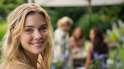 Fototapeta premium Woman smiles at gathering outdoors