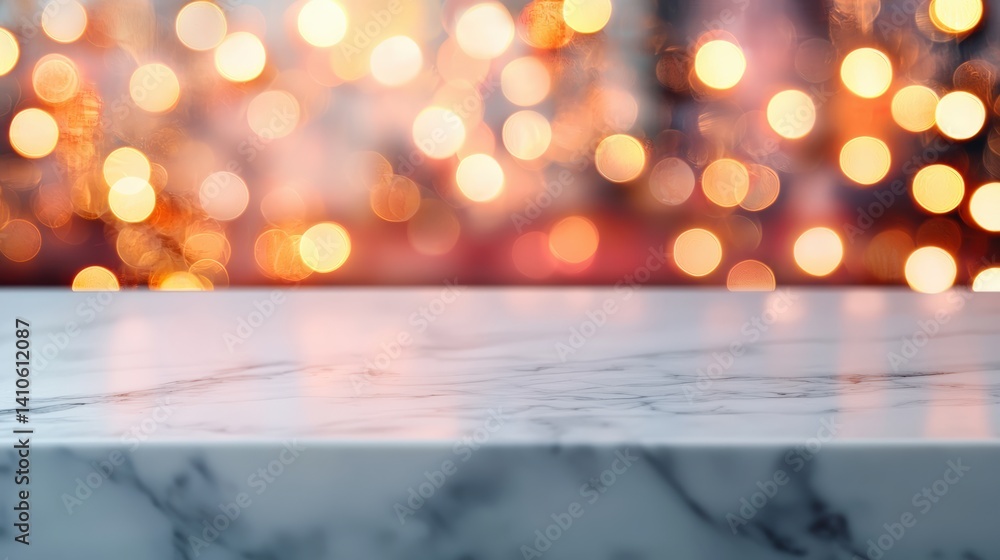 Poster Empty marble countertop with soft bokeh cafe lights for luxury product display