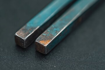 Rusty metal tools resting on a dark surface in a workshop setting during daytime