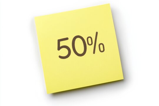 Sticky note with 50 percent written on it indicating a discount or promotion effort