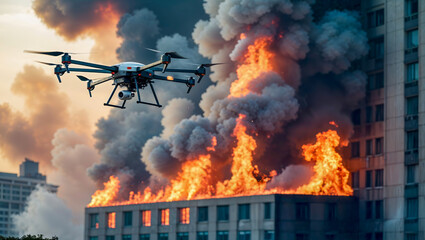 AI-generated images depicting an aerial view of a large drone assisting in the evacuation of firefighters from a burning building.