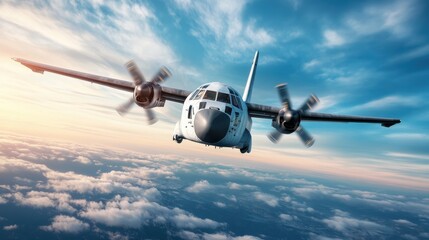 Fototapeta premium A transport aircraft flying high above the clouds at sunset, highlighting its robust design and essential role in air logistics and military operations.