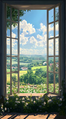 Lattice Window Overlooking Idyllic Countryside with Rolling Hills and Cottages