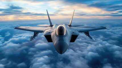 A futuristic fighter jet flying above majestic fluffy clouds at sunset, representing the pinnacle of advanced aviation technology and sheer power in the skies.