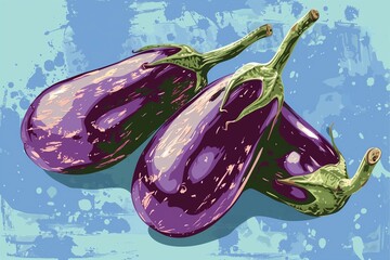 3 eggplants on a blue pastel background