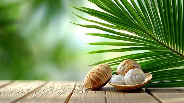 A serene arrangement of seashells on a wooden surface, surrounded by lush green palm leaves, evoking tranquility