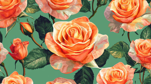 A seamless pattern featu vibrant orange roses and lush green leaves creates a beautiful vintage floral design perfect for textile prints and wallpapers.